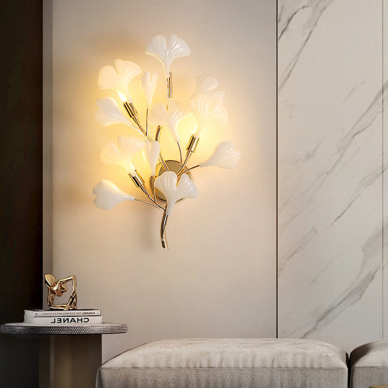 Modern Art Deco Ginkgo Biloba Iron Ceramic 2/3 Light Wall Sconce Lamp For Bedroom