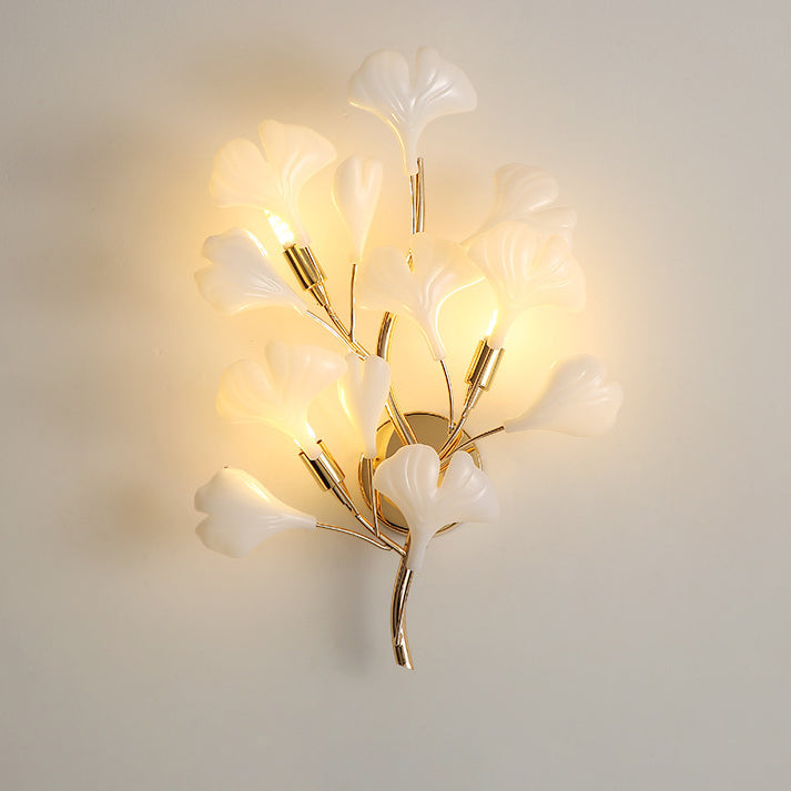 Modern Art Deco Ginkgo Biloba Iron Ceramic 2/3 Light Wall Sconce Lamp For Bedroom