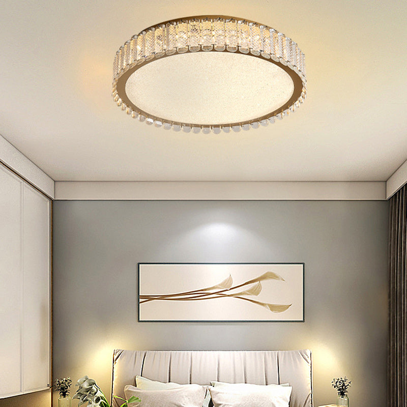 Modern Luxury Round Titanium Crystal LED Flush Mount Ceiling Light For Bedroom