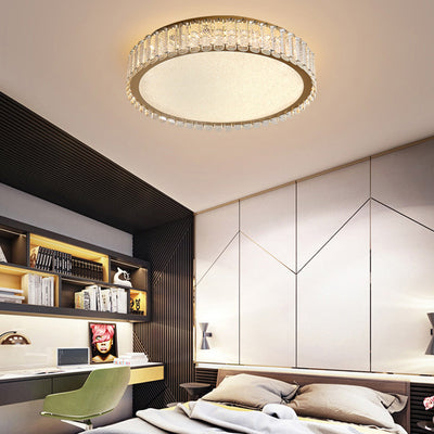 Modern Luxury Round Titanium Crystal LED Flush Mount Ceiling Light For Bedroom