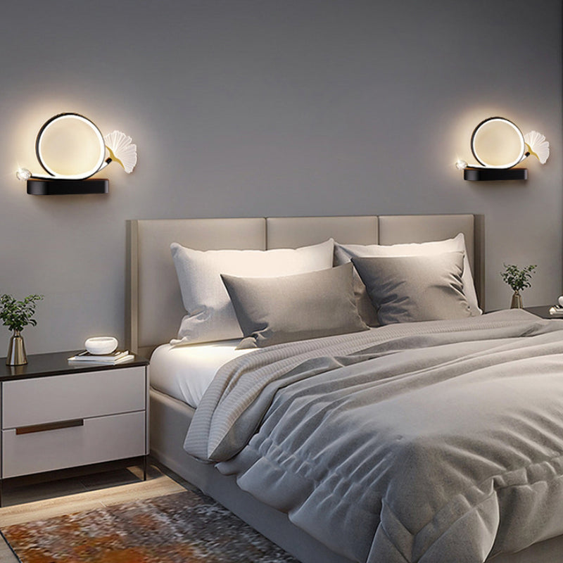 Contemporary Creative Ginkgo Biloba Circle Iron Acrylic LED Wall Sconce Lamp For Bedroom