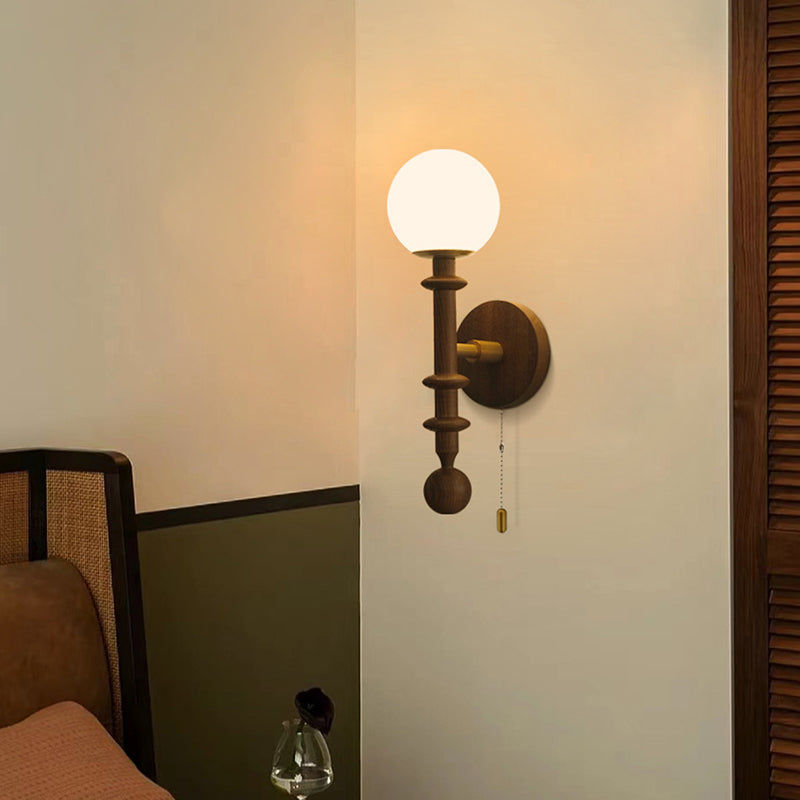 Traditional French Wood Glass Sphere 1-Light Wall Sconce Lamp For Bedroom