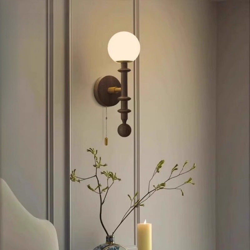 Traditional French Wood Glass Sphere 1-Light Wall Sconce Lamp For Bedroom