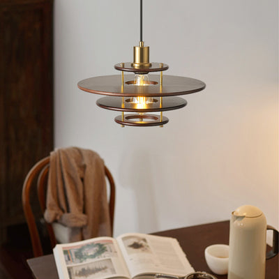 Traditional Japanese Flying Saucer Rubberwood Metal 1-Light Pendant Light For Bedroom