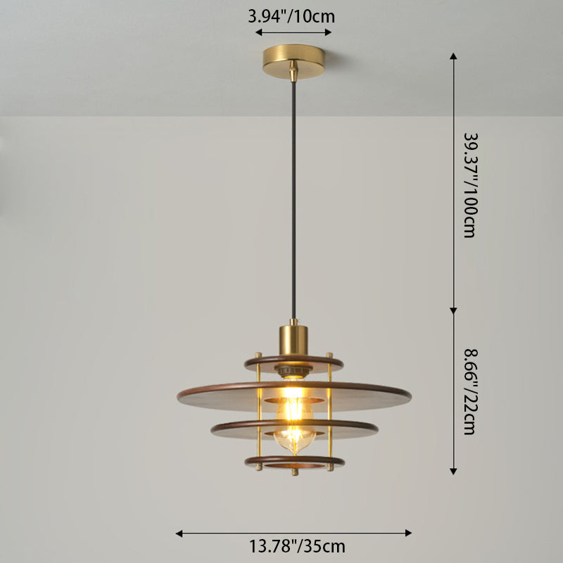 Traditional Japanese Flying Saucer Rubberwood Metal 1-Light Pendant Light For Bedroom