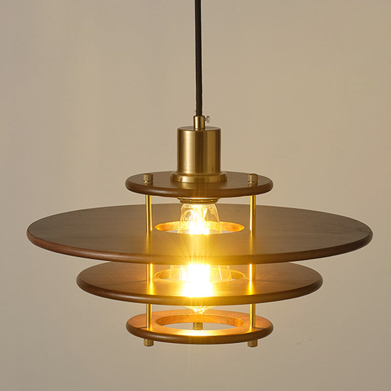 Traditional Japanese Flying Saucer Rubberwood Metal 1-Light Pendant Light For Bedroom