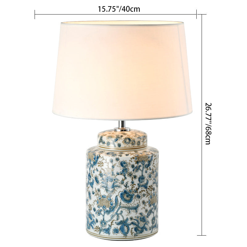 Traditional Chinese Celadon Cylinder Ceramic Fabric 1-Light Table Lamp For Bedroom