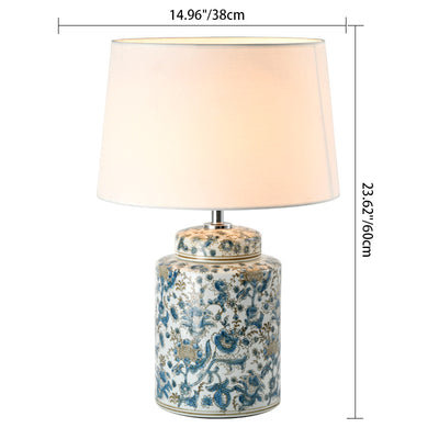 Traditional Chinese Celadon Cylinder Ceramic Fabric 1-Light Table Lamp For Bedroom