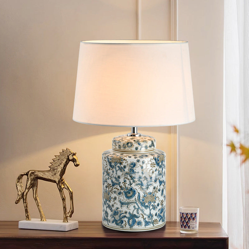 Traditional Chinese Celadon Cylinder Ceramic Fabric 1-Light Table Lamp For Bedroom