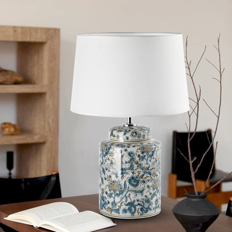 Traditional Chinese Celadon Cylinder Ceramic Fabric 1-Light Table Lamp For Bedroom