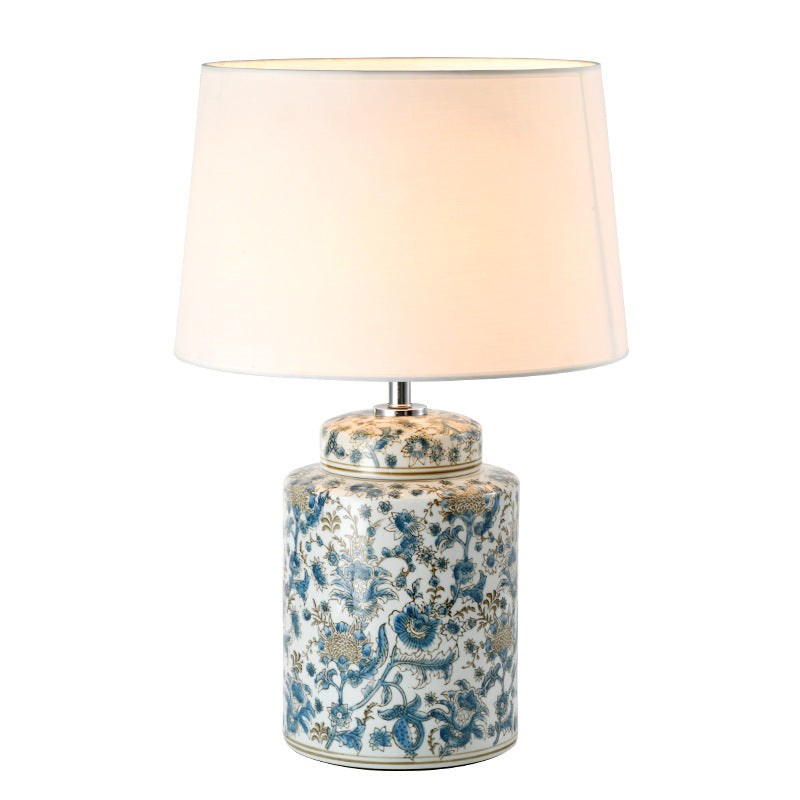 Traditional Chinese Celadon Cylinder Ceramic Fabric 1-Light Table Lamp For Bedroom