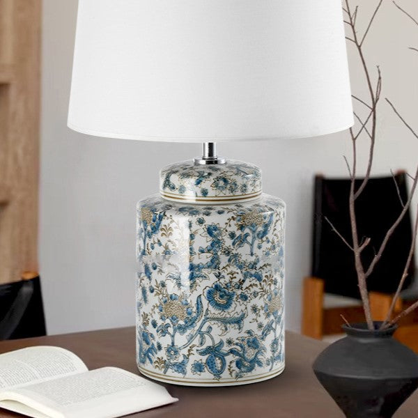 Traditional Chinese Celadon Cylinder Ceramic Fabric 1-Light Table Lamp For Bedroom