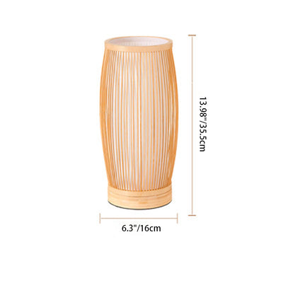 Traditional Japanese Cylinder Bamboo Wood 1-Light Table Lamp For Bedroom