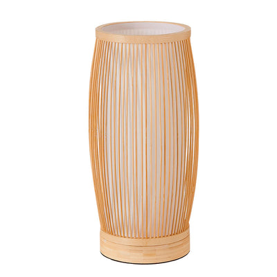 Traditional Japanese Cylinder Bamboo Wood 1-Light Table Lamp For Bedroom