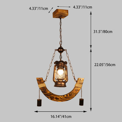 Traditional Rustic Curved Metal Solid Wood 1-Light Pendant Light For Living Room