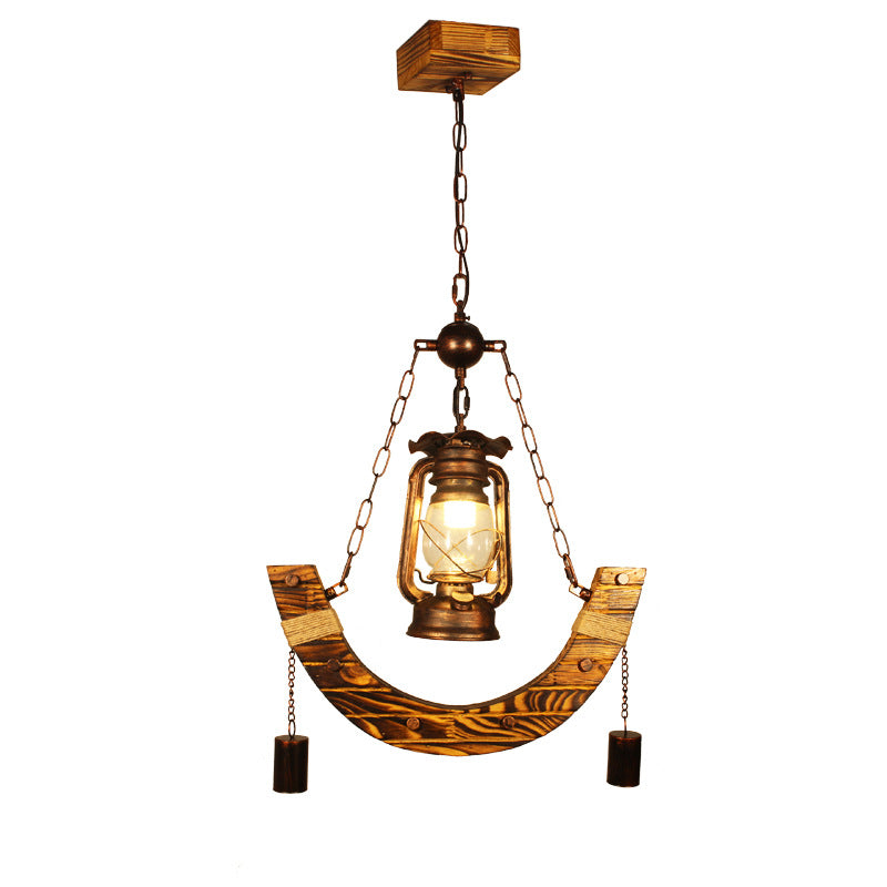 Traditional Rustic Curved Metal Solid Wood 1-Light Pendant Light For Living Room