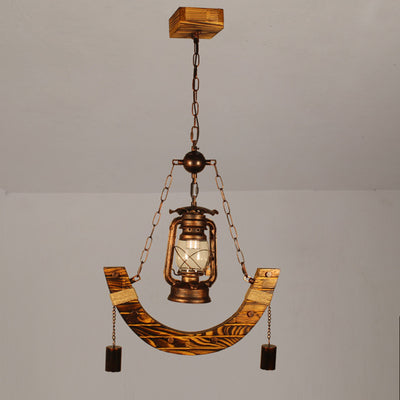 Traditional Rustic Curved Metal Solid Wood 1-Light Pendant Light For Living Room