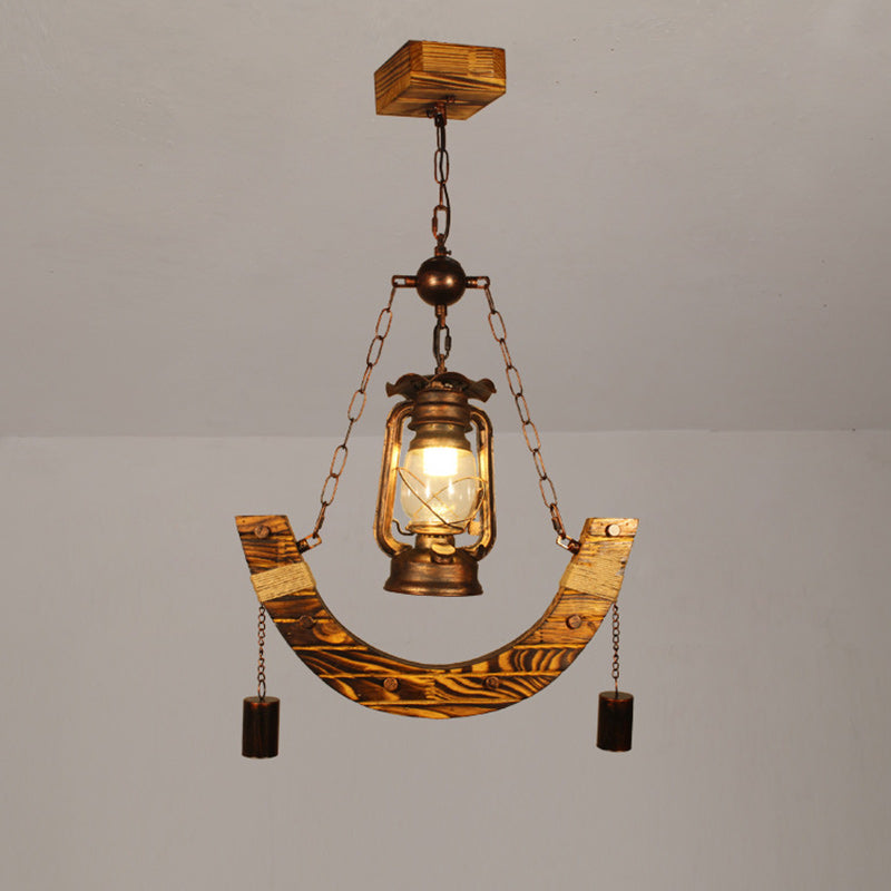 Traditional Rustic Curved Metal Solid Wood 1-Light Pendant Light For Living Room