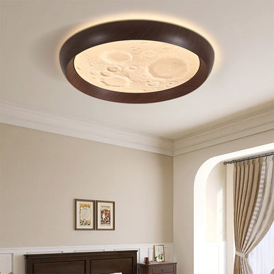 Traditional Chinese Moon Round PVC Iron LED Flush Mount Ceiling Light For Bedroom