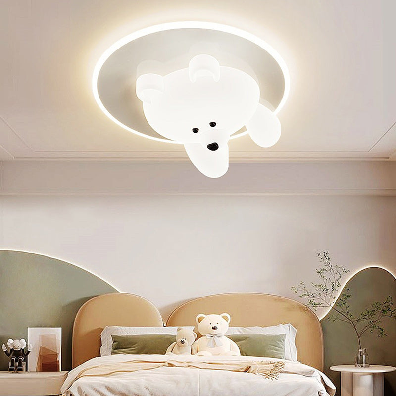 Contemporary Creative Kids Cartoon Bear Round Iron Acrylic LED Flush Mount Ceiling Light For Bedroom