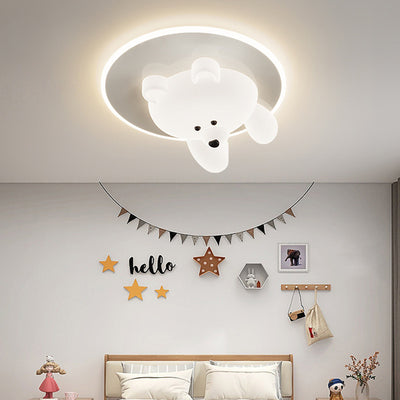 Contemporary Creative Kids Cartoon Bear Round Iron Acrylic LED Flush Mount Ceiling Light For Bedroom