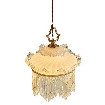 Traditional Rustic Crown Tassel Dome Glass Copper 1-Light Pendant Light For Bedroom