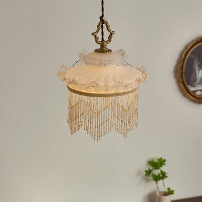 Traditional Rustic Crown Tassel Dome Glass Copper 1-Light Pendant Light For Bedroom