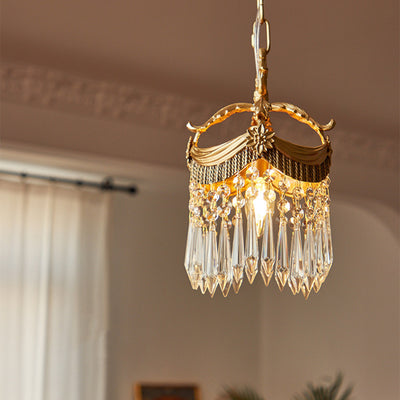 Traditional French Crown Brass Crystal 1-Light Pendant Light For Bedroom