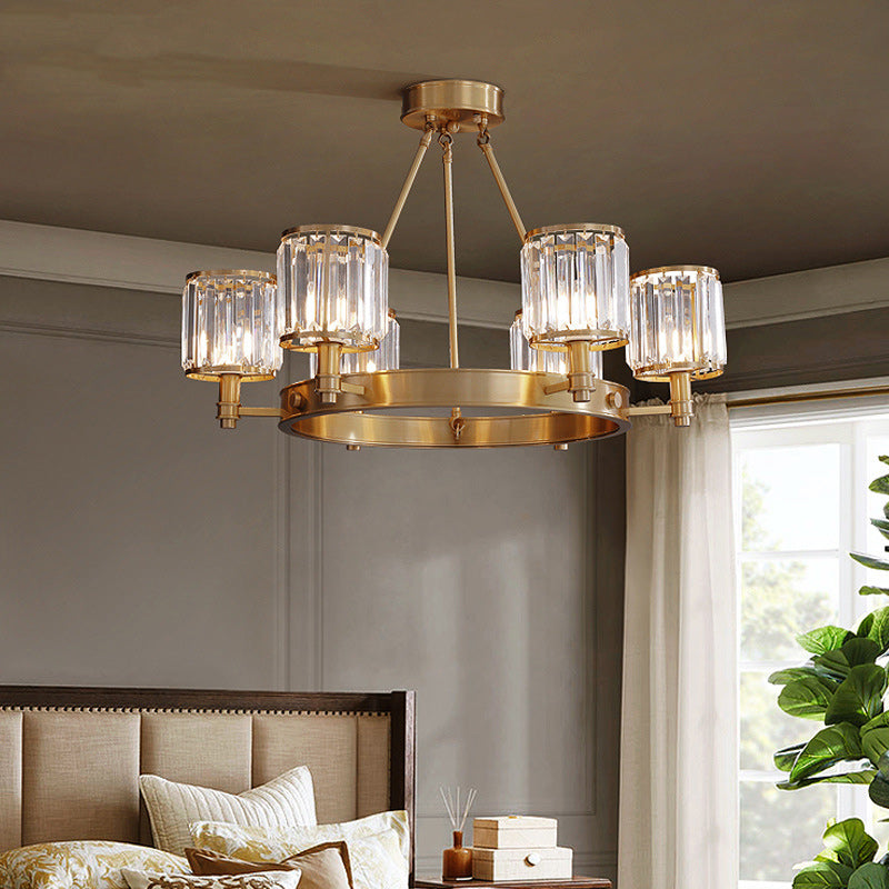 Modern Luxury Cylinder Copper Crystal 6-Light Chandelier For Living Room