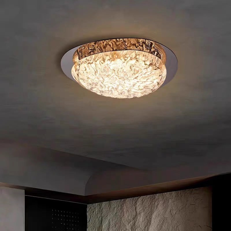 Modern Luxury Oval Stainless Steel Cracked Ice Resin LED Flush Mount Ceiling Light For Bedroom