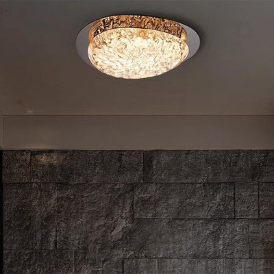 Modern Luxury Oval Stainless Steel Cracked Ice Resin LED Flush Mount Ceiling Light For Bedroom