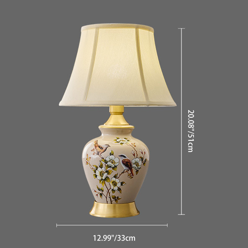 Traditional Chinese Frustum Cone Copper Ceramic Fabric 1-Light Table Lamp For Bedroom