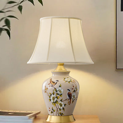 Traditional Chinese Frustum Cone Copper Ceramic Fabric 1-Light Table Lamp For Bedroom