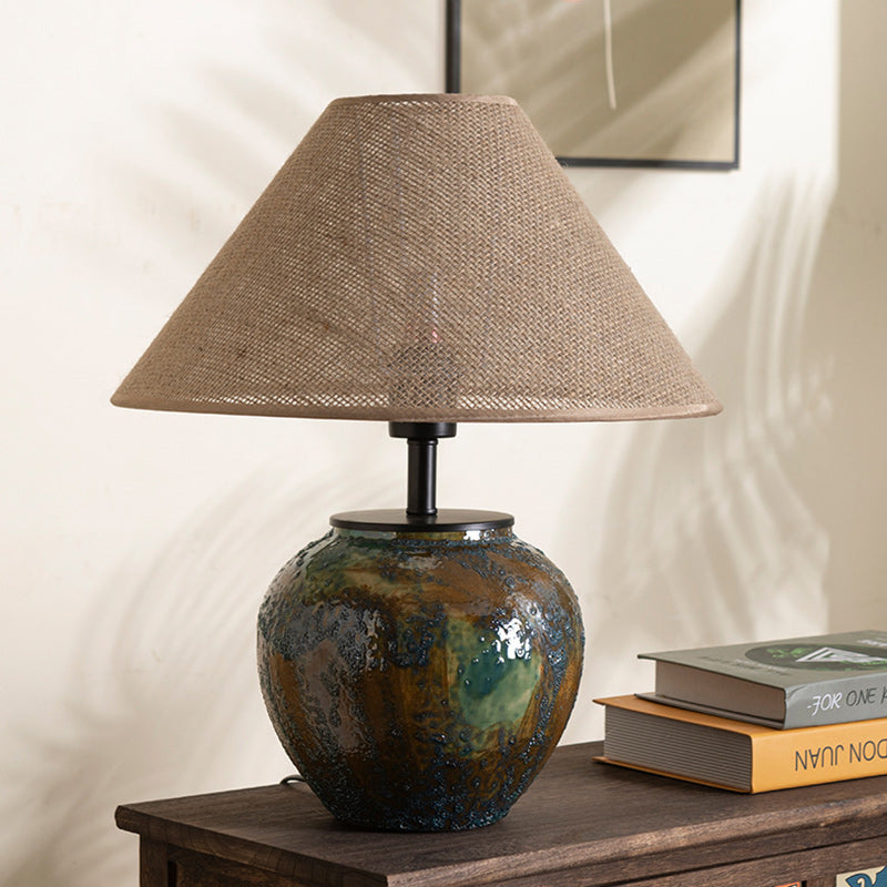 Traditional Chinese Frustum Cone Ceramic Metal Fabric 1-Light Table Lamp For Bedroom