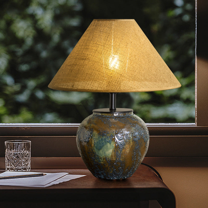 Traditional Chinese Frustum Cone Ceramic Metal Fabric 1-Light Table Lamp For Bedroom