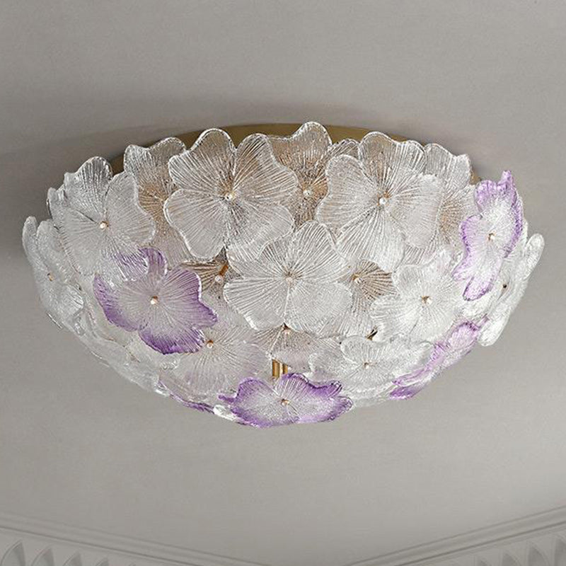 Traditional French Flower Dome Glass Metal 6/9 Light Semi-Flush Mount Ceiling Light For Bedroom