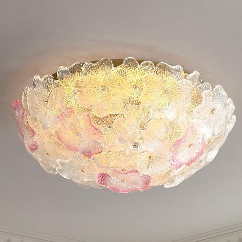 Traditional French Flower Dome Glass Metal 6/9 Light Semi-Flush Mount Ceiling Light For Bedroom