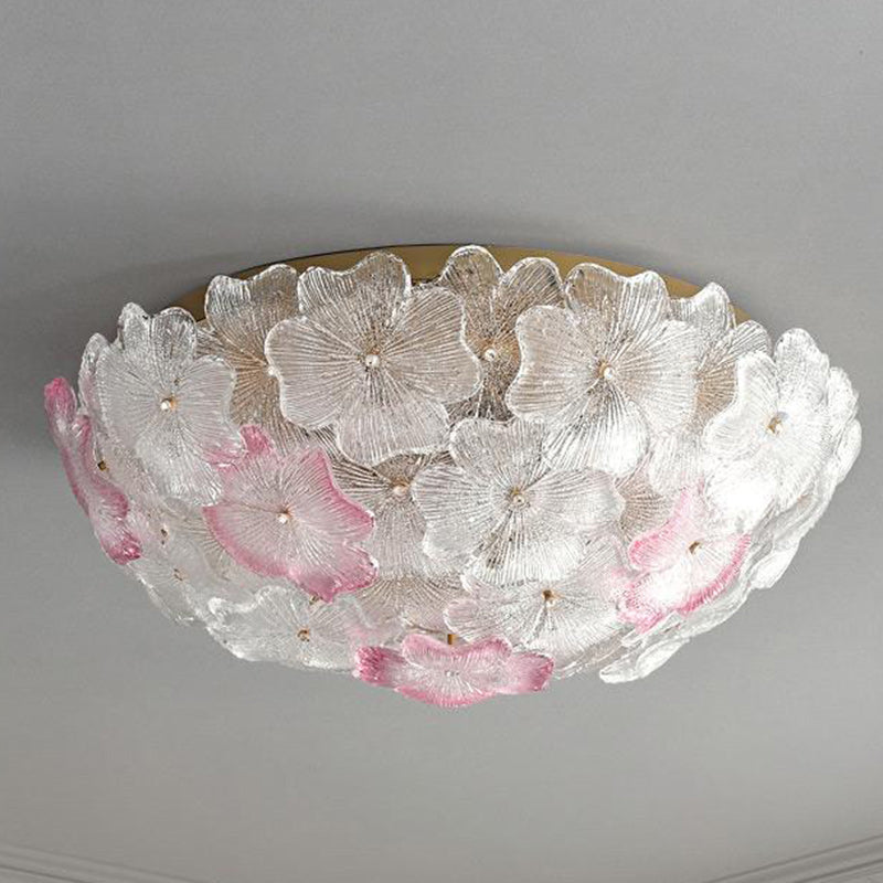 Traditional French Flower Dome Glass Metal 6/9 Light Semi-Flush Mount Ceiling Light For Bedroom