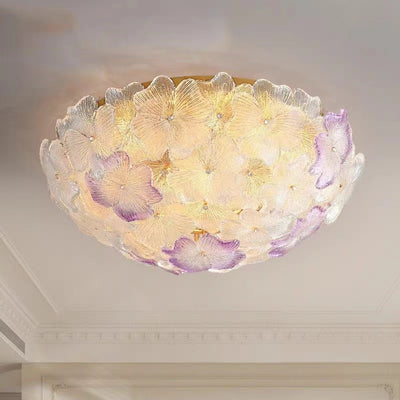 Traditional French Flower Dome Glass Metal 6/9 Light Semi-Flush Mount Ceiling Light For Bedroom