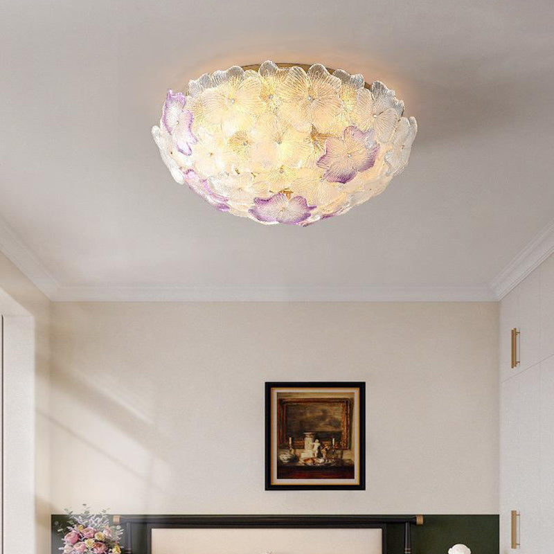 Traditional French Flower Dome Glass Metal 6/9 Light Semi-Flush Mount Ceiling Light For Bedroom