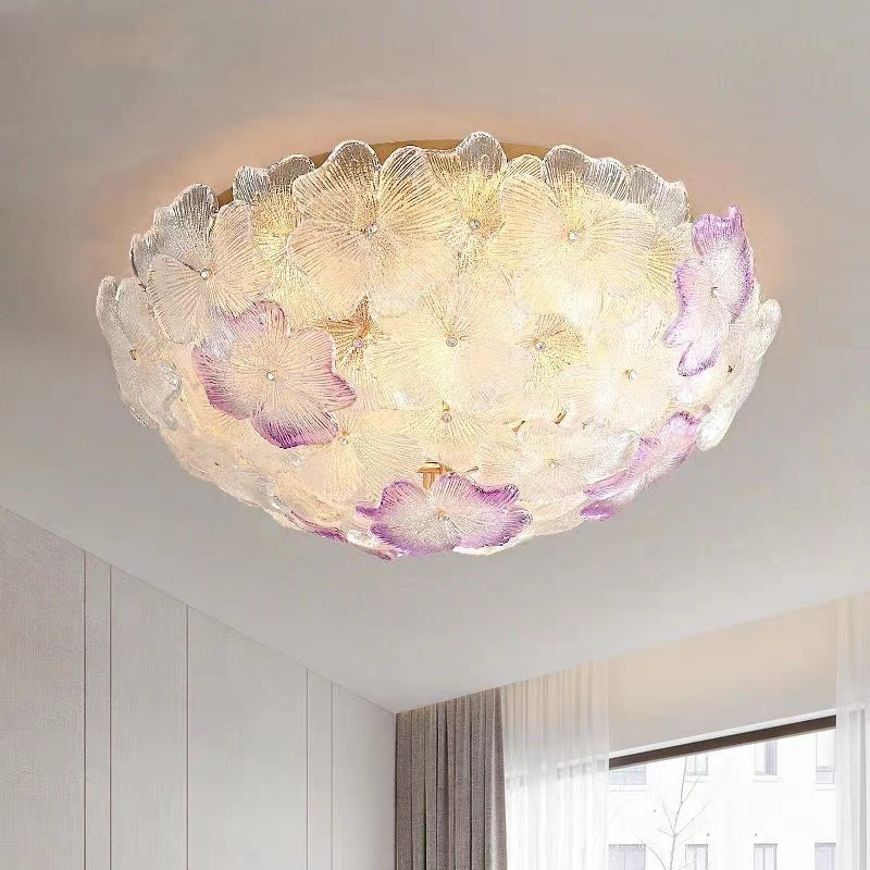 Traditional French Flower Dome Glass Metal 6/9 Light Semi-Flush Mount Ceiling Light For Bedroom