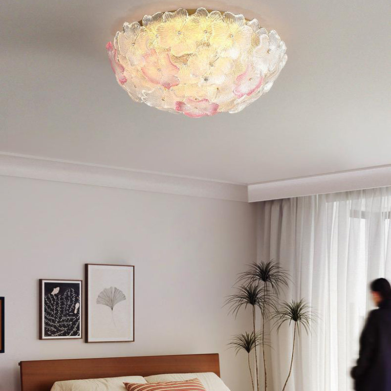 Traditional French Flower Dome Glass Metal 6/9 Light Semi-Flush Mount Ceiling Light For Bedroom