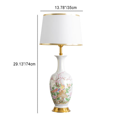 Traditional Chinese Flower Bird Painting Frustum Cone Ceramic Metal Fabric 1-Light Table Lamp For Bedroom