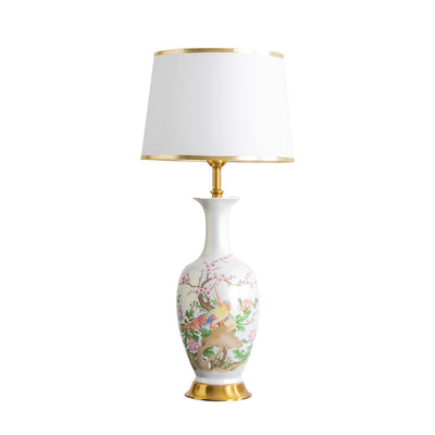 Traditional Chinese Flower Bird Painting Frustum Cone Ceramic Metal Fabric 1-Light Table Lamp For Bedroom