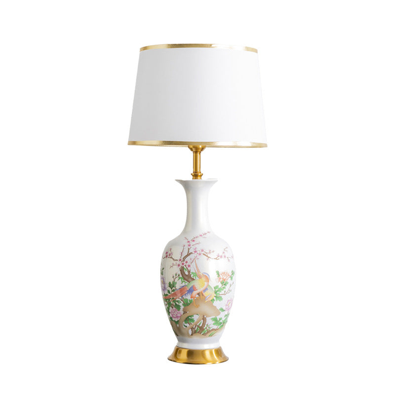 Traditional Chinese Flower Bird Painting Frustum Cone Ceramic Metal Fabric 1-Light Table Lamp For Bedroom