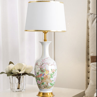 Traditional Chinese Flower Bird Painting Frustum Cone Ceramic Metal Fabric 1-Light Table Lamp For Bedroom