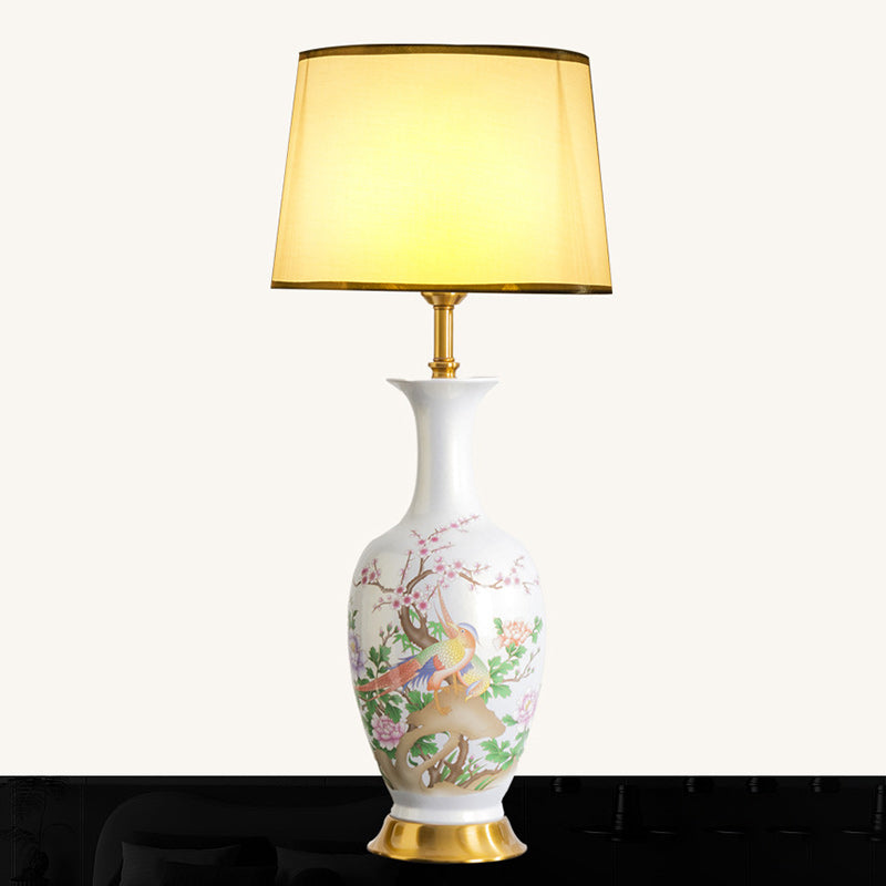 Traditional Chinese Flower Bird Painting Frustum Cone Ceramic Metal Fabric 1-Light Table Lamp For Bedroom