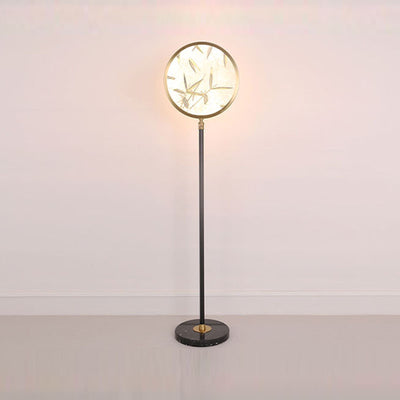 Traditional Chinese Bamboo Leaf Round Glass Metal LED Standing Floor Lamp For Living Room