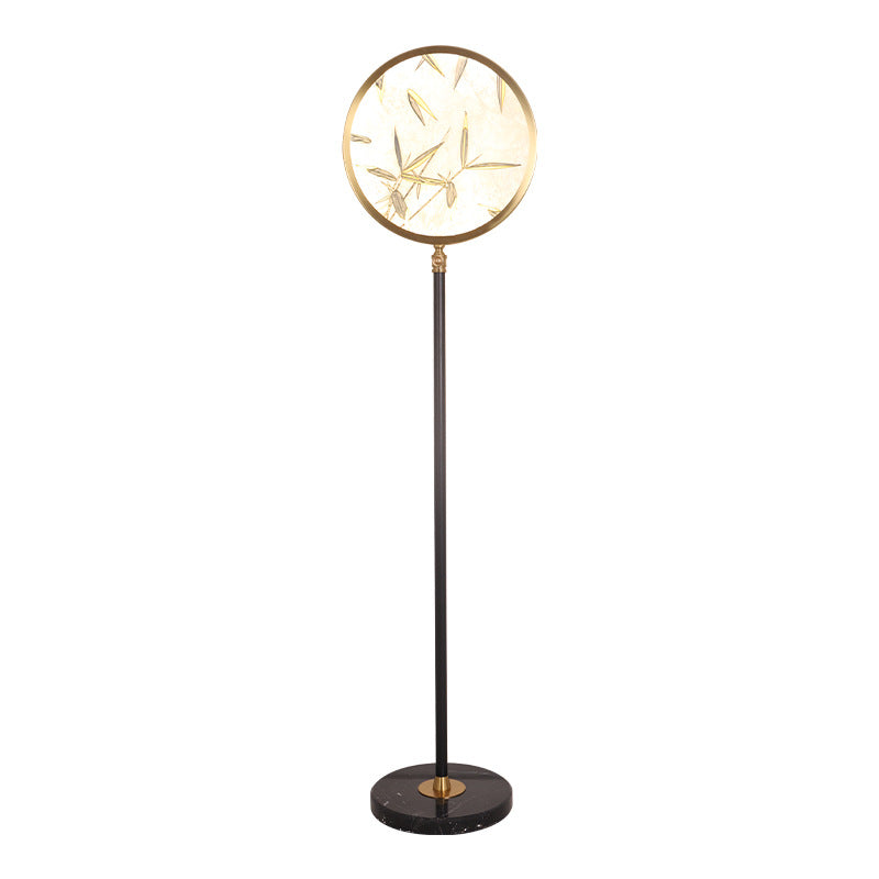 Traditional Chinese Bamboo Leaf Round Glass Metal LED Standing Floor Lamp For Living Room