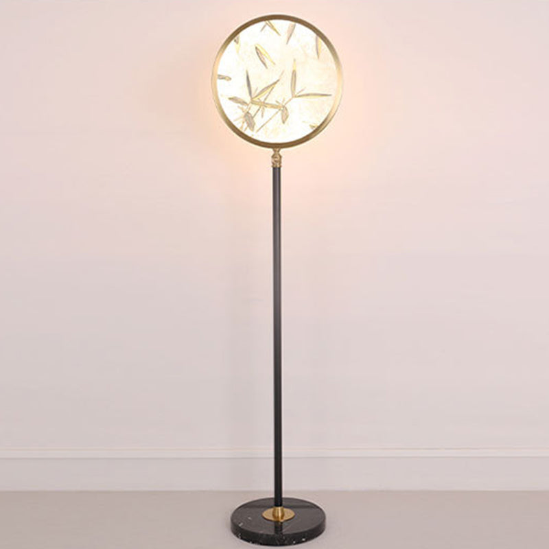 Traditional Chinese Bamboo Leaf Round Glass Metal LED Standing Floor Lamp For Living Room